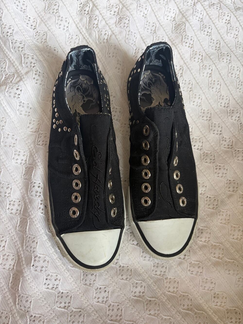 Ed Hardy Black Studded Slip On Sneakers Canvas Shoes Women's Size 6 Y2K Punk